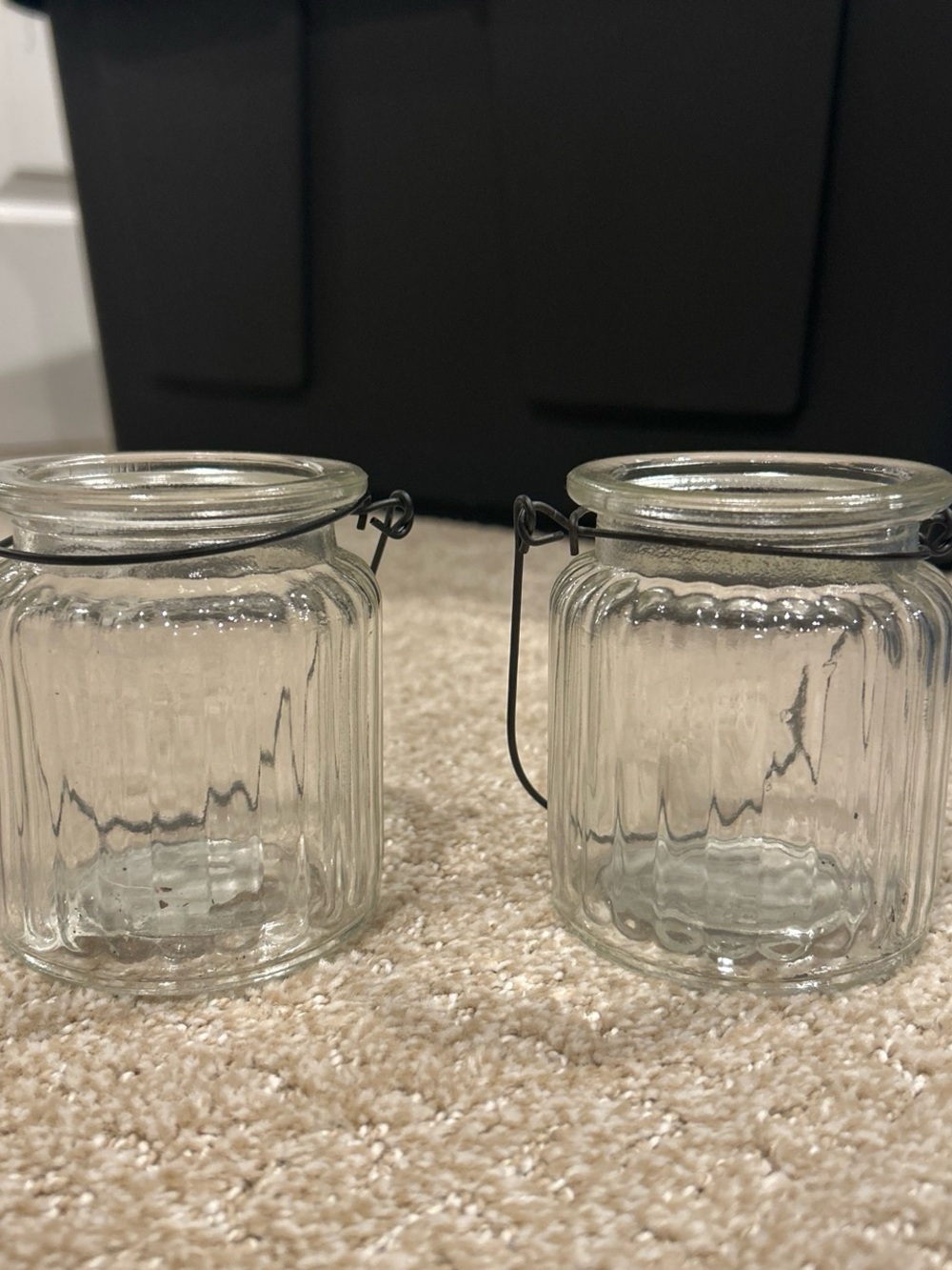 Clear Ribbed Glass Votive Jars with Metal Handles